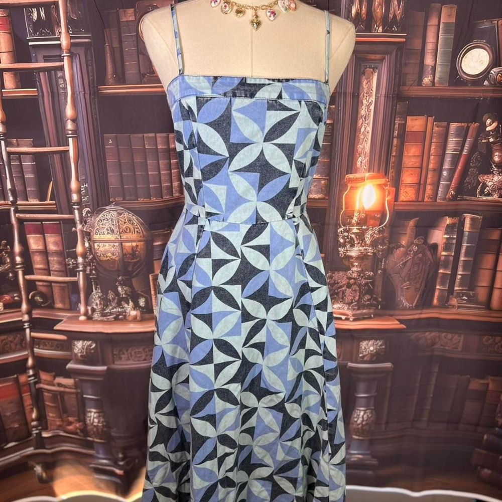 Vintage Geometric Denim Print Midi Dress Y2K 90s‎ Style Size Small